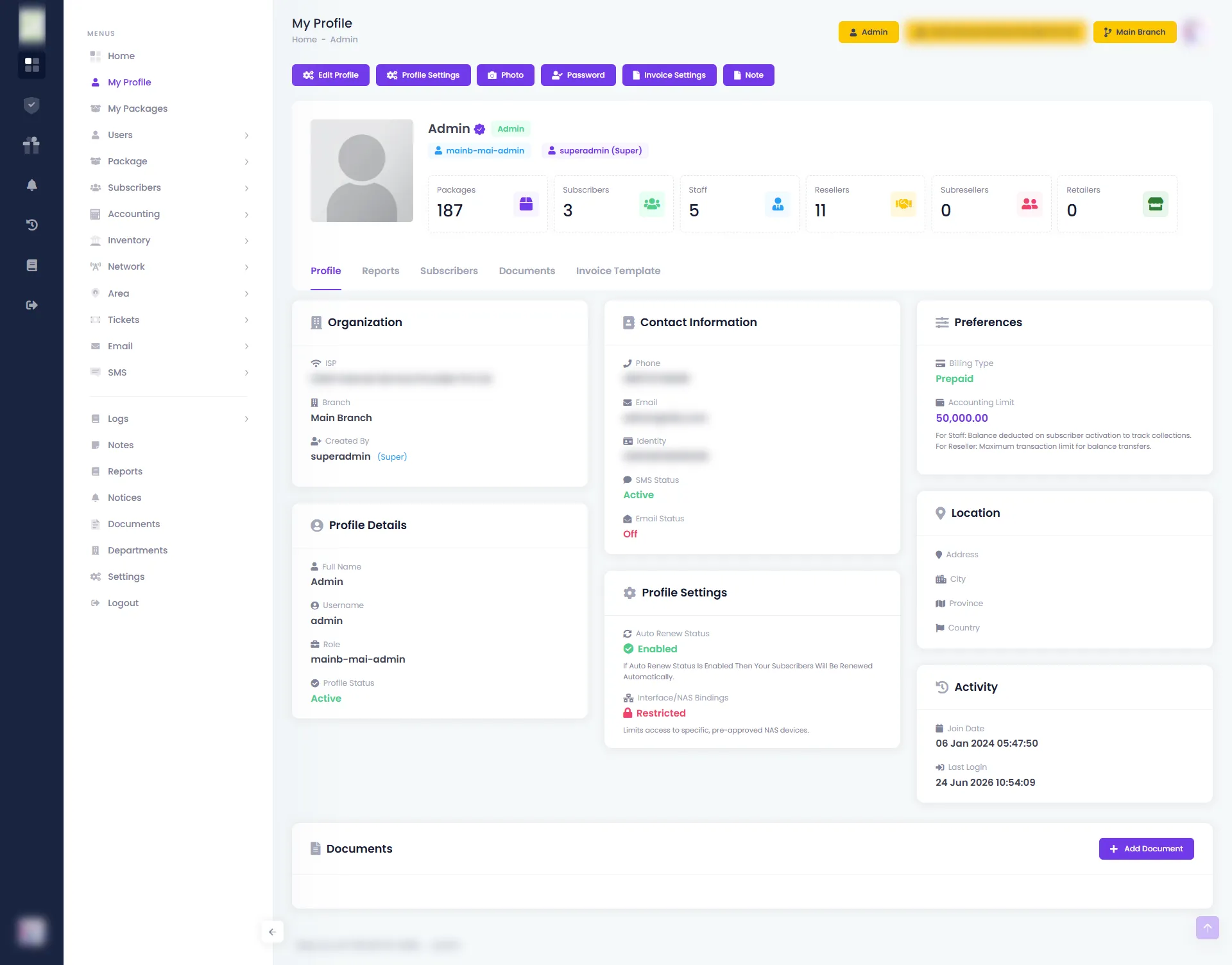 Admin Profile — Zal Ultra ISP CRM