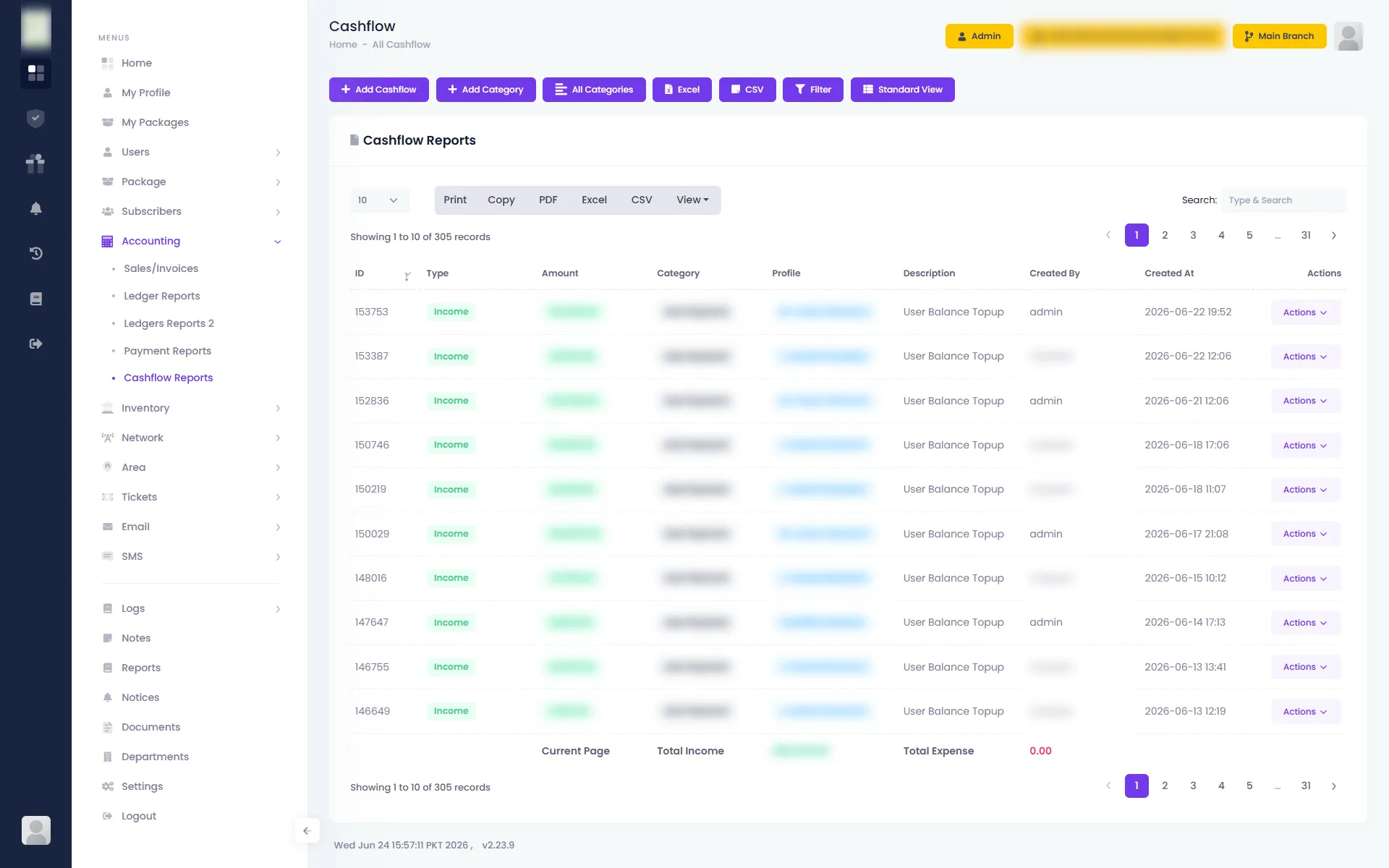Cashflow Reports — Zal Ultra ISP CRM