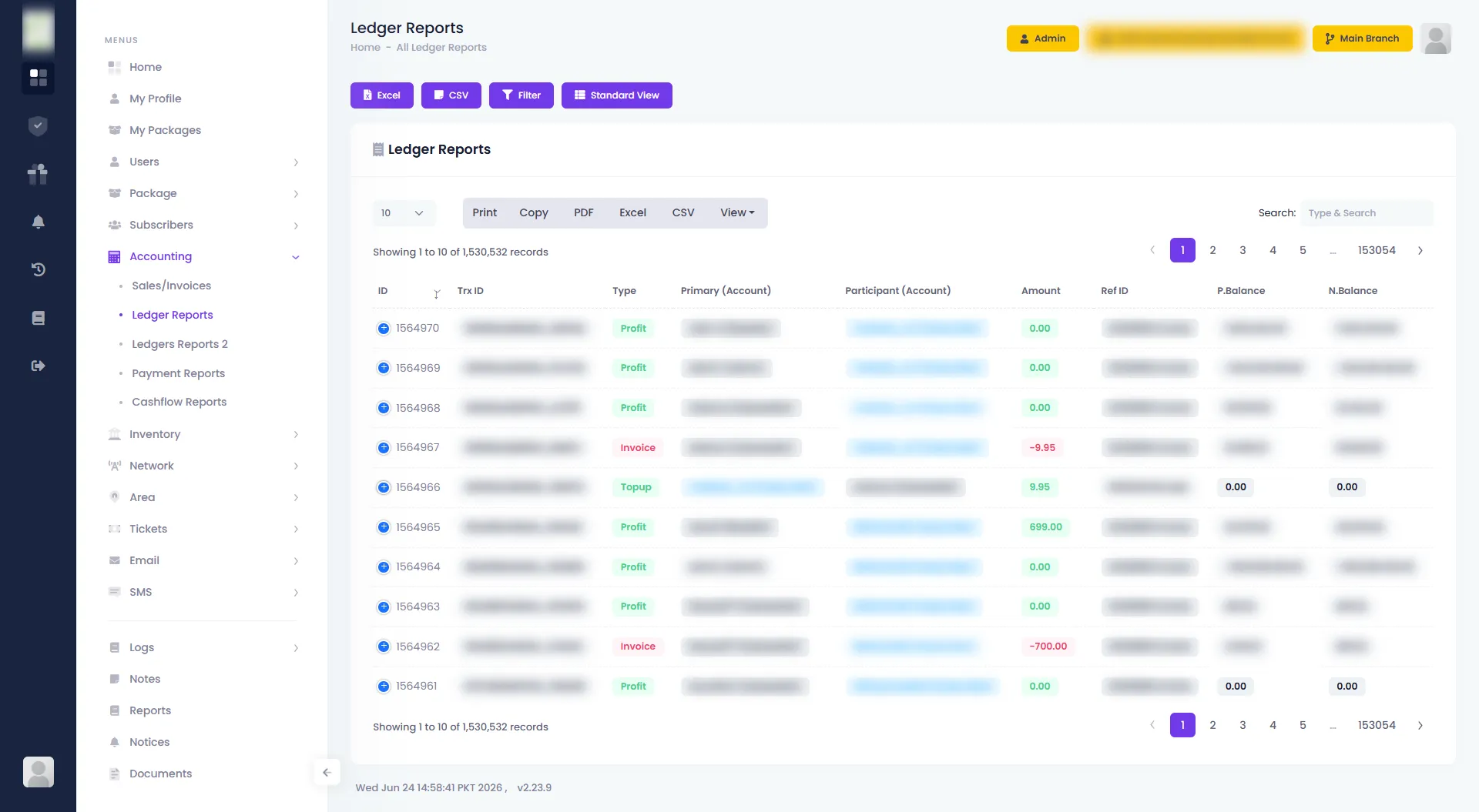 Ledger Reports — Zal Ultra ISP CRM